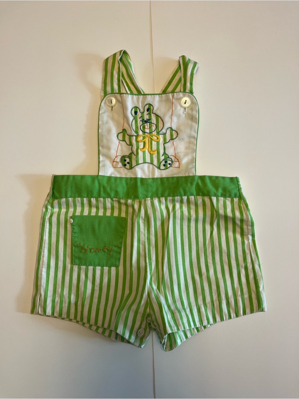 Green Stripe Honey Bear Embroidered Kids Short Overalls